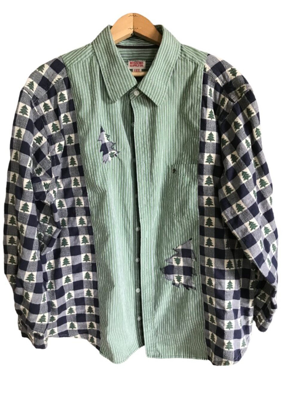Upcycled Mixed Print Button-Down Top, Spliced Holiday Winter Shirt Size M-L